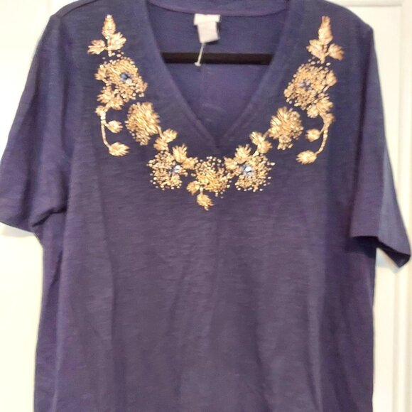NWOT Chico's Navy V Neck Short Sleeve Tee with Gold Beaded Design size 2 (12/14) - Picture 1 of 1